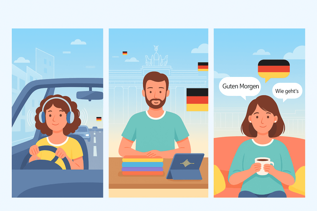People listening to German Podcasts while working.