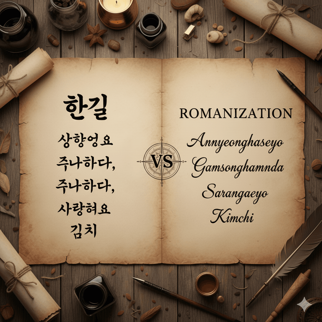 Hangul letters and romanization of Korean phrases side by side.