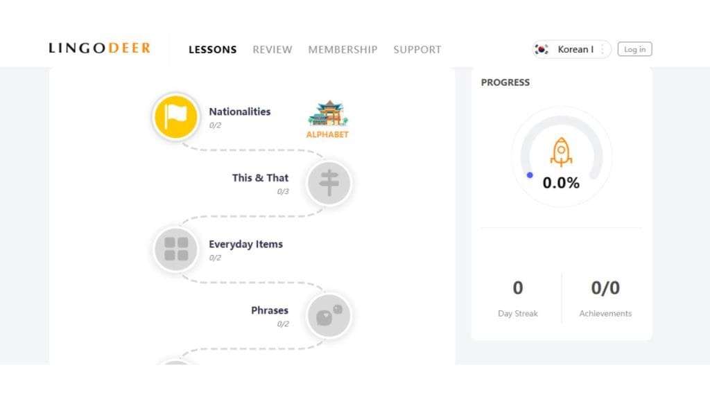 LingoDeer learning Korean application showing lessons page.