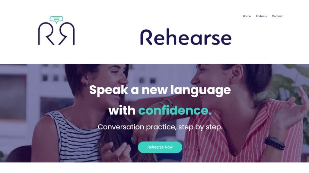Rehearse website homepage showing a header image of two women laughing.